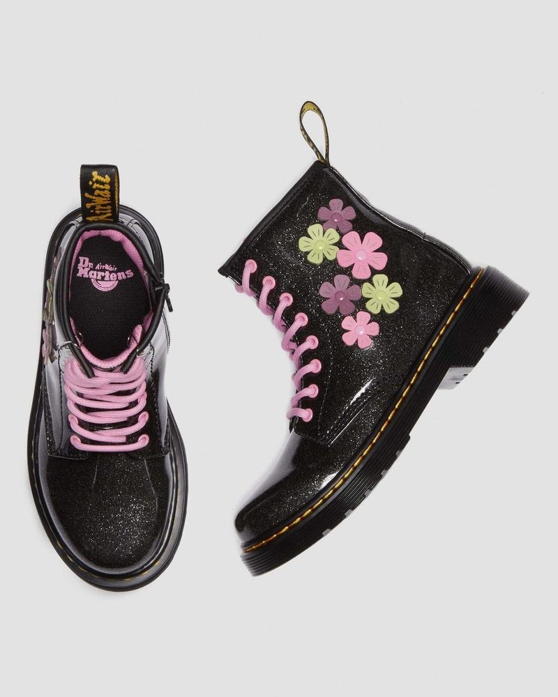 Black / Multi Dr Martens Junior 1460 Glitter & Flower Applique Lace Up Boots (Coated Glitter Pu+Athena) Shoes | MI83-W1HO