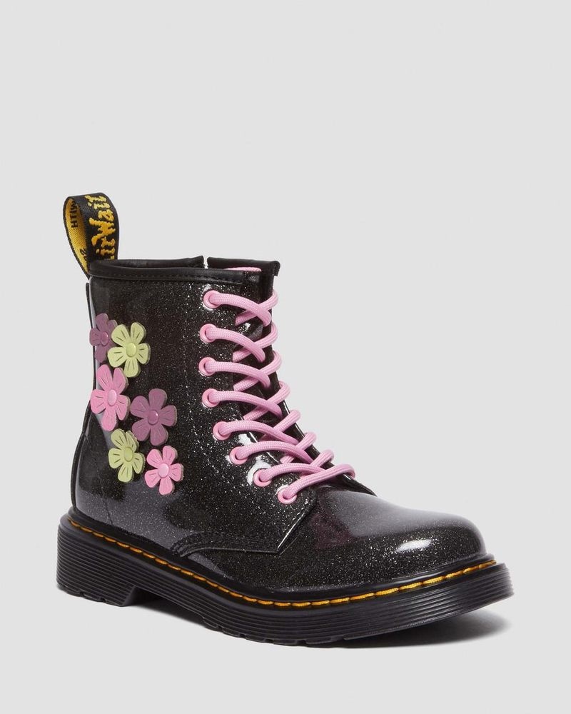 Black / Multi Dr Martens Junior 1460 Glitter & Flower Applique Lace Up Boots (Coated Glitter Pu+Athena) Shoes | MI83-W1HO