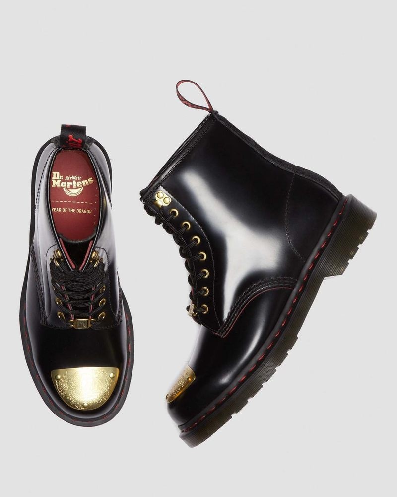 Black / Red / Black Dr Martens 1460 Year of the Dragon Leather Lace Up Boots (Smooth Slice+Hair On) Boots | JU69-V7NM