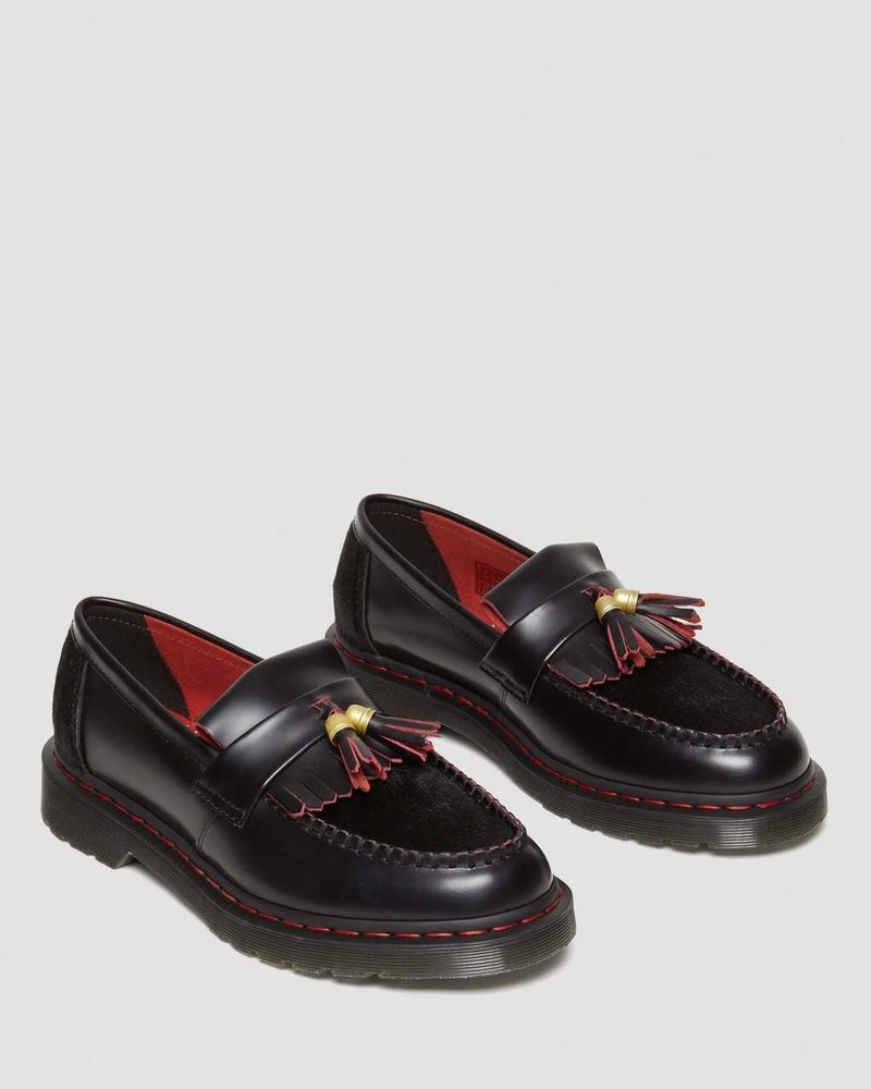 Black / Red / Black Dr Martens Adrian Year of the Dragon Hair-On Tassel Loafers (Smooth Slice+Hair On) Shoes | DJ34-F9OM