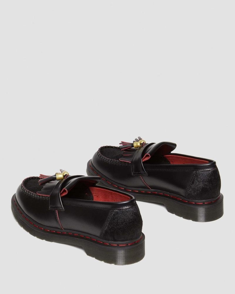 Black / Red / Black Dr Martens Adrian Year of the Dragon Hair-On Tassel Loafers (Smooth Slice+Hair On) Shoes | DJ34-F9OM