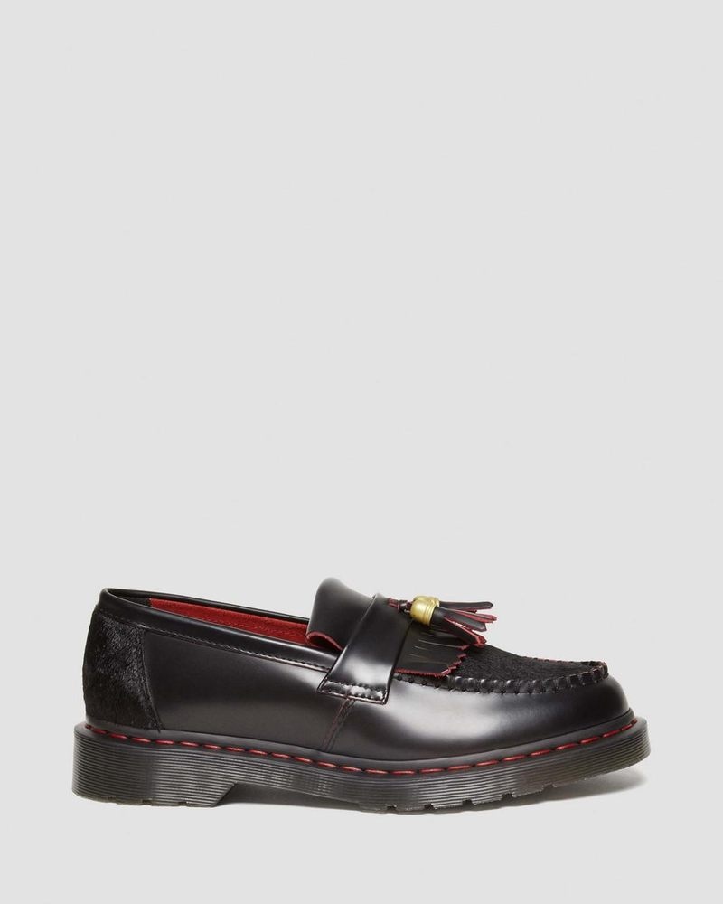 Black / Red / Black Dr Martens Adrian Year of the Dragon Hair-On Tassel Loafers (Smooth Slice+Hair On) Shoes | DJ34-F9OM