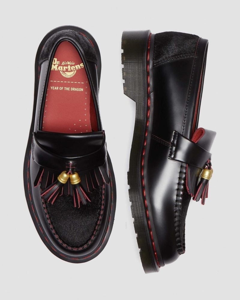 Black / Red / Black Dr Martens Adrian Year of the Dragon Hair-On Tassel Loafers (Smooth Slice+Hair On) Shoes | DJ34-F9OM