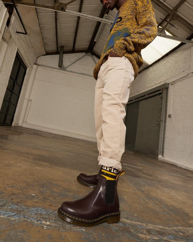 Burgundy Dr Martens 2976 Yellow Stitch Smooth Leather Chelsea Boots (Smooth Leather) Boots | ZQ14-F5PC