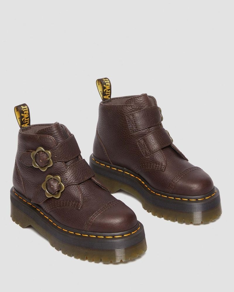 Dark Brown Dr Martens Devon Flower Buckle Grizzly Leather Platform Boots (Grizzly) Platforms Boots | AW04-P8AQ