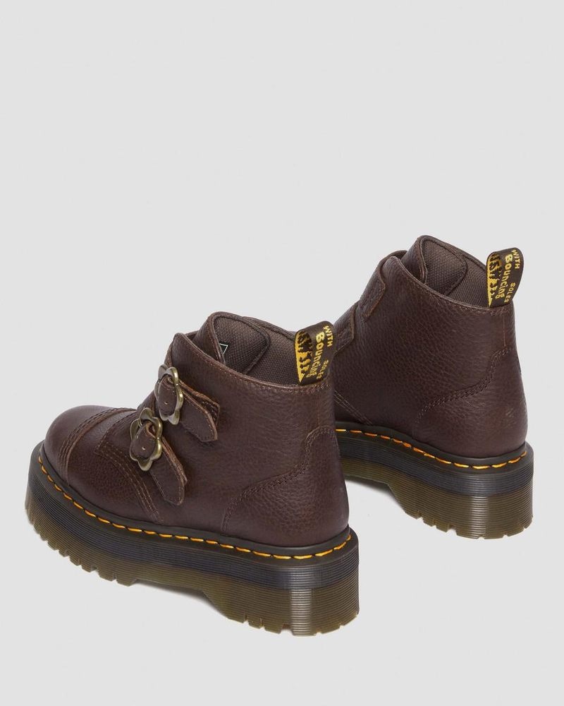 Dark Brown Dr Martens Devon Flower Buckle Grizzly Leather Platform Boots (Grizzly) Platforms Boots | AW04-P8AQ