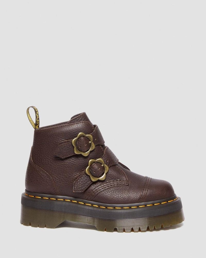 Dark Brown Dr Martens Devon Flower Buckle Grizzly Leather Platform Boots (Grizzly) Platforms Boots | AW04-P8AQ