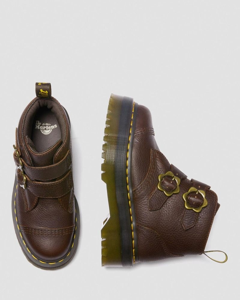 Dark Brown Dr Martens Devon Flower Buckle Grizzly Leather Platform Boots (Grizzly) Platforms Boots | AW04-P8AQ