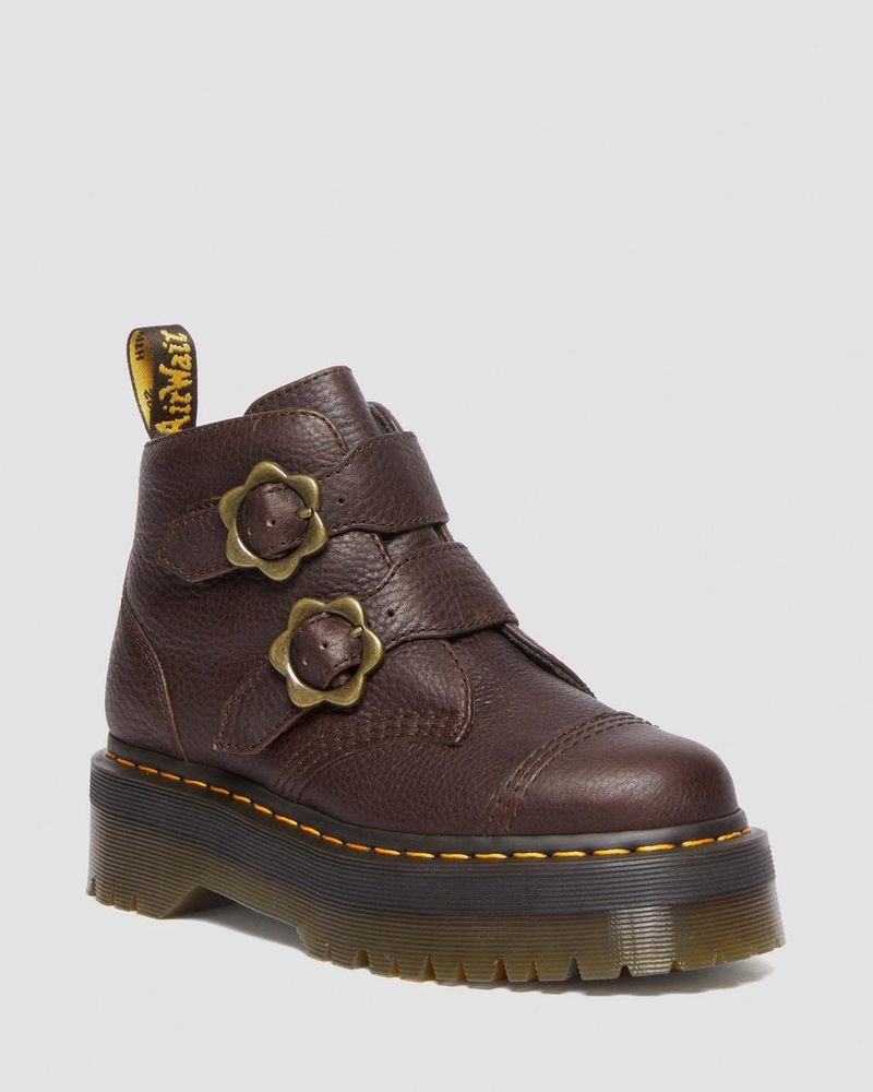 Dark Brown Dr Martens Devon Flower Buckle Grizzly Leather Platform Boots (Grizzly) Platforms Boots | AW04-P8AQ