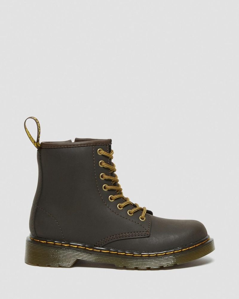 Dark Brown Dr Martens Junior 1460 Wildhorse Leather Lace Up Boots (Wildhorse Lamper) Boots | IB35-B6OW