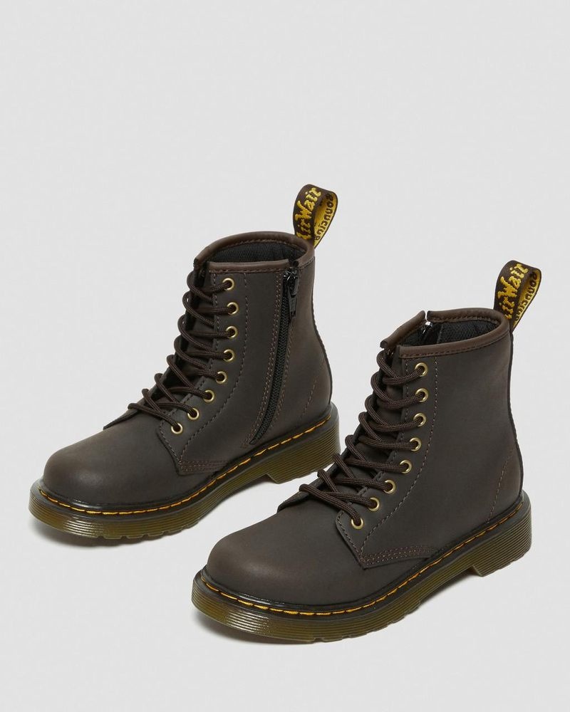 Dark Brown Dr Martens Junior 1460 Wildhorse Leather Lace Up Boots (Wildhorse Lamper) Boots | IB35-B6OW