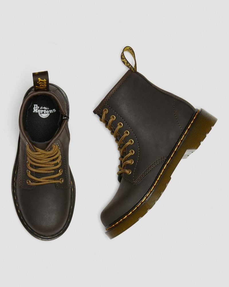 Dark Brown Dr Martens Junior 1460 Wildhorse Leather Lace Up Boots (Wildhorse Lamper) Boots | IB35-B6OW