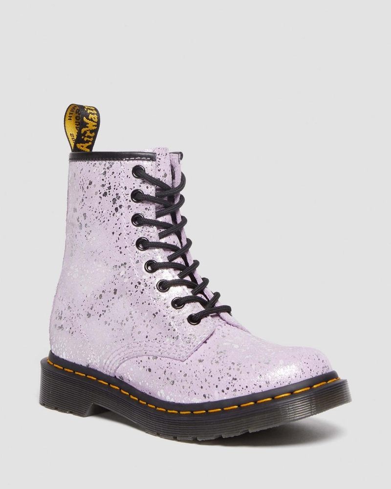 Lilac Dr Martens 1460 Metallic Splatter Suede Lace Up Boots (Metallic Paint Splatter Suede) Boots | HJ07-T4TI