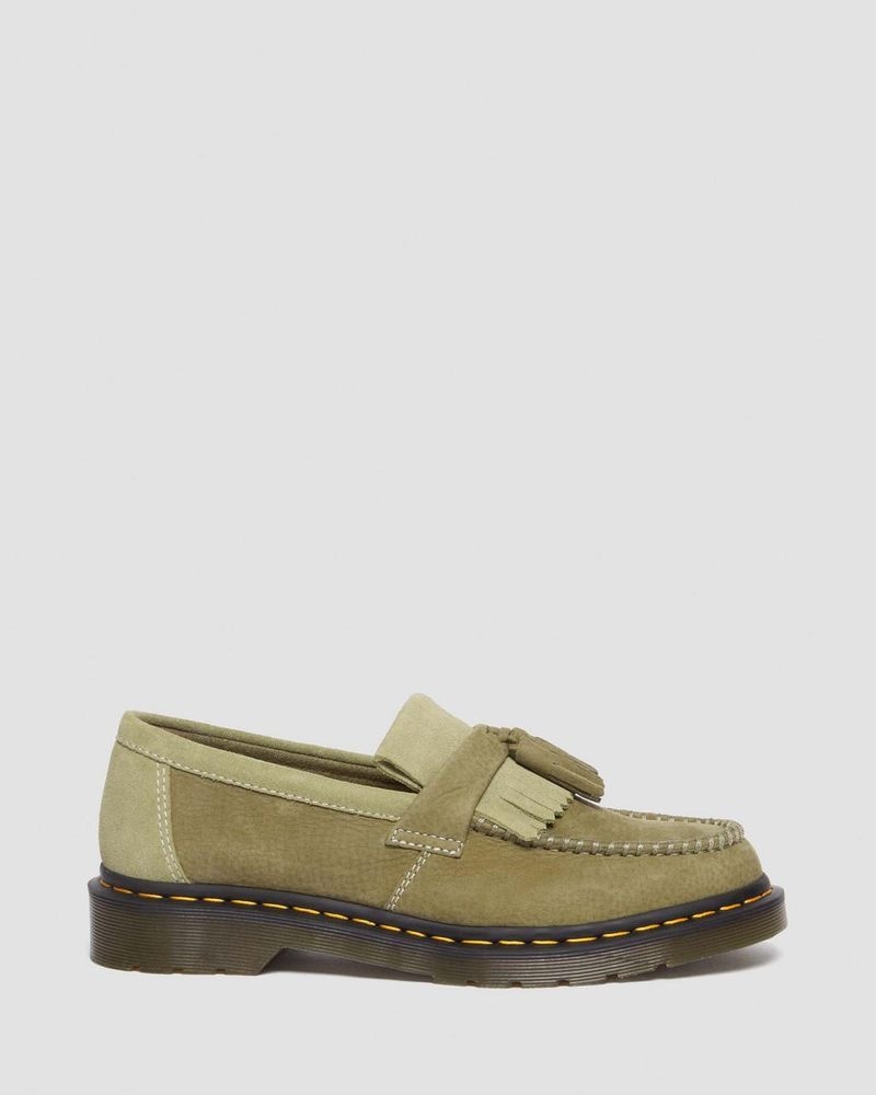 Muted Olive Dr Martens Adrian Tumbled Nubuck Leather Tassel Loafers (Tumbled Nubuck) Shoes | WT43-S9VI