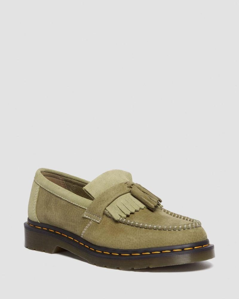 Muted Olive Dr Martens Adrian Tumbled Nubuck Leather Tassel Loafers (Tumbled Nubuck) Shoes | WT43-S9VI