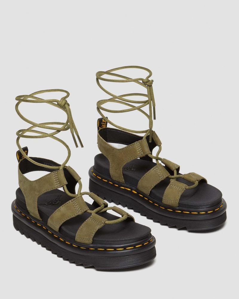 Muted Olive Dr Martens Nartilla Tumbled Nubuck Leather Gladiator Sandals (Tumbled Nubuck) Platforms Sandals | TM16-M0ZS