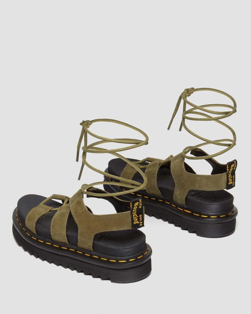 Muted Olive Dr Martens Nartilla Tumbled Nubuck Leather Gladiator Sandals (Tumbled Nubuck) Platforms Sandals | TM16-M0ZS