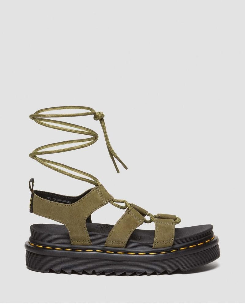 Muted Olive Dr Martens Nartilla Tumbled Nubuck Leather Gladiator Sandals (Tumbled Nubuck) Platforms Sandals | TM16-M0ZS