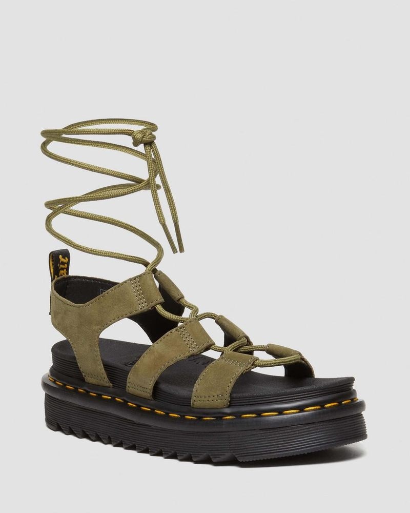 Muted Olive Dr Martens Nartilla Tumbled Nubuck Leather Gladiator Sandals (Tumbled Nubuck) Platforms Sandals | TM16-M0ZS