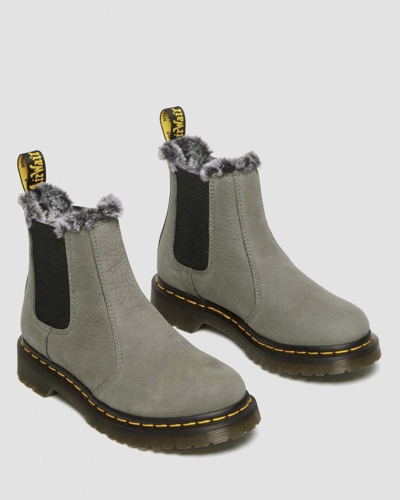 Nickel Grey Dr Martens 2976 Leonore Faux Fur Lined Nubuck Chelsea Boots (Milled Nubuck Wp) Boots | HH24-B2XO