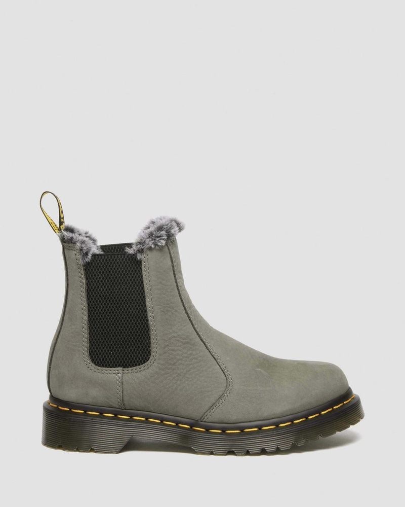 Nickel Grey Dr Martens 2976 Leonore Faux Fur Lined Nubuck Chelsea Boots (Milled Nubuck Wp) Boots | HH24-B2XO