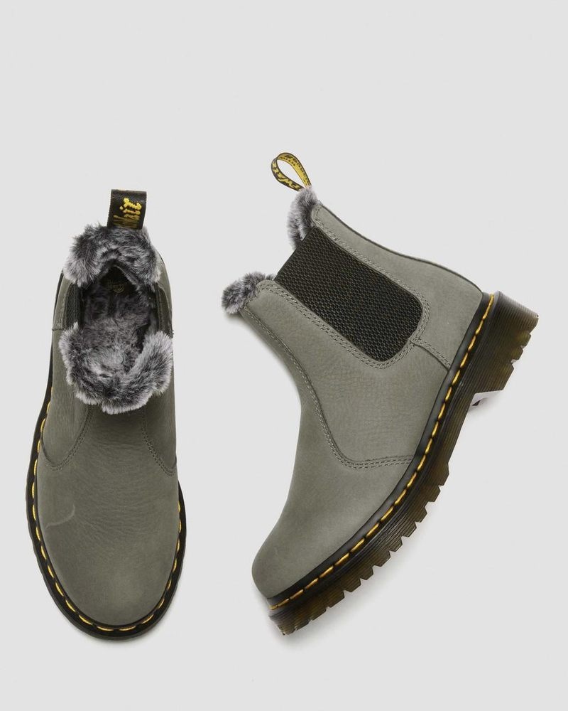 Nickel Grey Dr Martens 2976 Leonore Faux Fur Lined Nubuck Chelsea Boots (Milled Nubuck Wp) Boots | HH24-B2XO