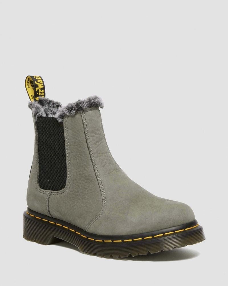 Nickel Grey Dr Martens 2976 Leonore Faux Fur Lined Nubuck Chelsea Boots (Milled Nubuck Wp) Boots | HH24-B2XO