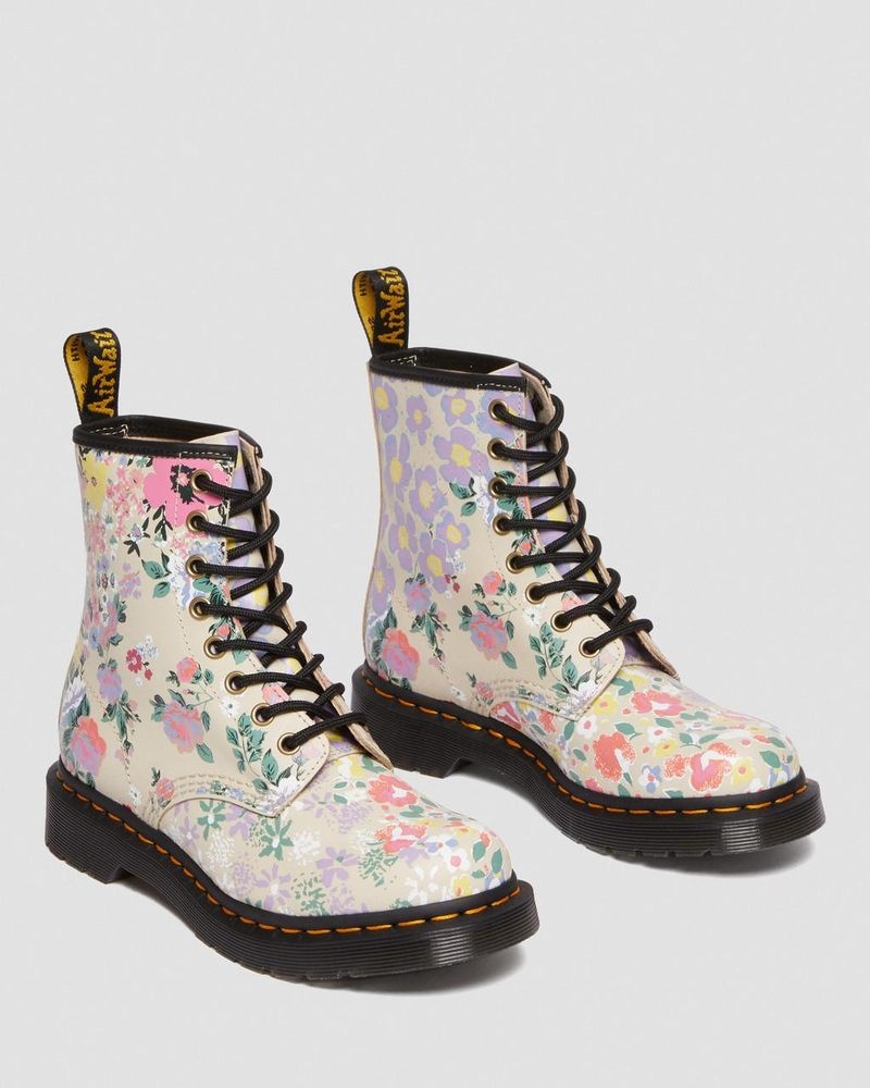 Parchment Beige Dr Martens 1460 Floral Mash Up Leather Lace Up Boots (Backhand) Boots | GS23-J3AV