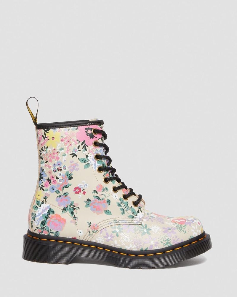 Parchment Beige Dr Martens 1460 Floral Mash Up Leather Lace Up Boots (Backhand) Boots | GS23-J3AV