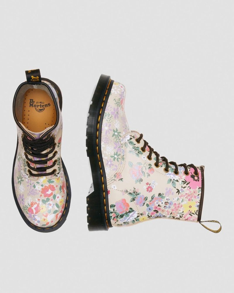 Parchment Beige Dr Martens 1460 Floral Mash Up Leather Lace Up Boots (Backhand) Boots | GS23-J3AV