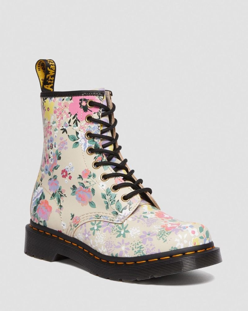 Parchment Beige Dr Martens 1460 Floral Mash Up Leather Lace Up Boots (Backhand) Boots | GS23-J3AV