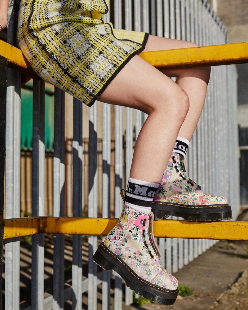 Parchment Beige Dr Martens Sinclair Floral Mash Up Leather Platform Boots (Backhand) Platforms Boots | RU29-V4XH