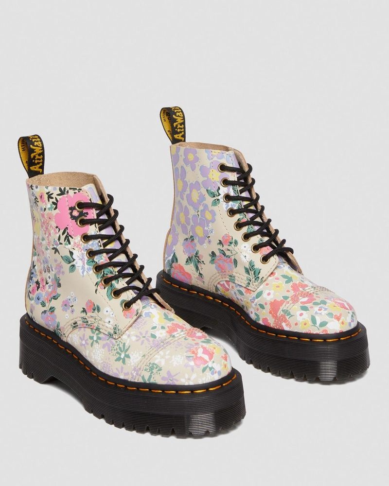 Parchment Beige Dr Martens Sinclair Floral Mash Up Leather Platform Boots (Backhand) Platforms Boots | RU29-V4XH