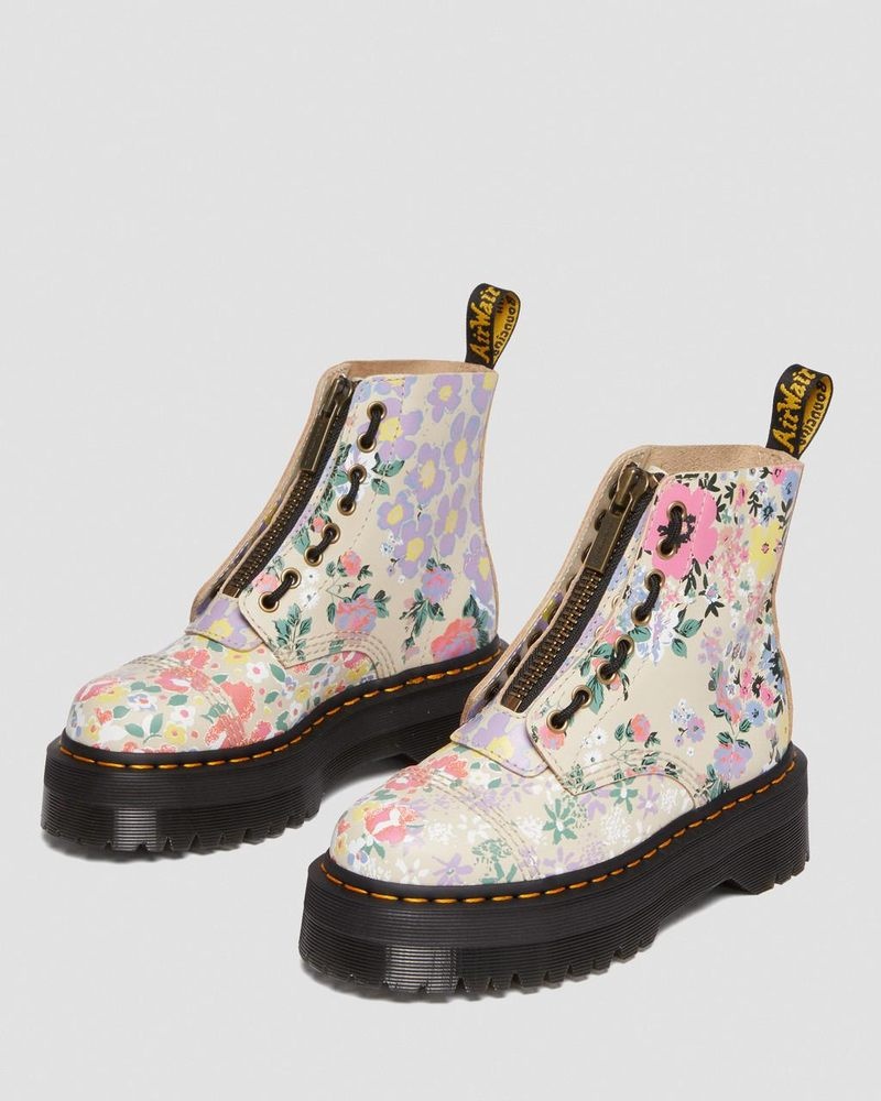 Parchment Beige Dr Martens Sinclair Floral Mash Up Leather Platform Boots (Backhand) Platforms Boots | RU29-V4XH