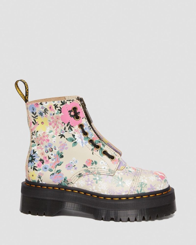 Parchment Beige Dr Martens Sinclair Floral Mash Up Leather Platform Boots (Backhand) Platforms Boots | RU29-V4XH