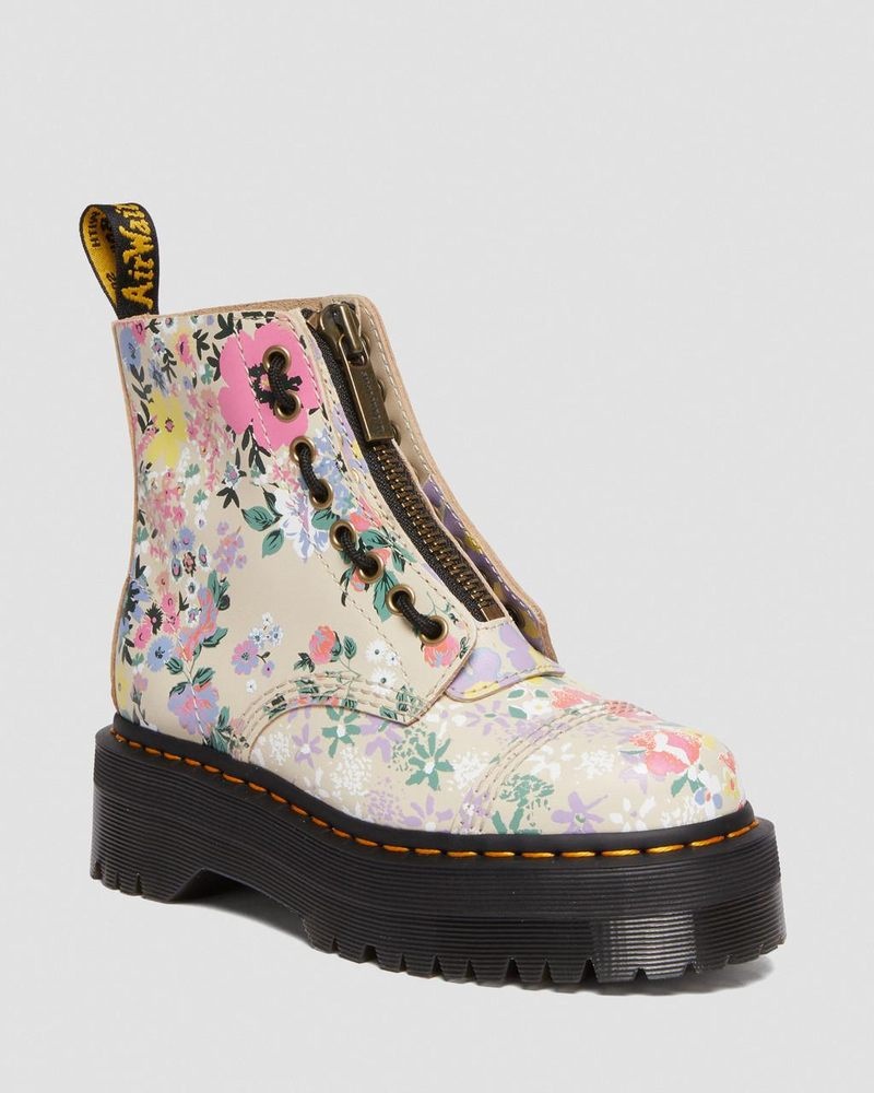 Parchment Beige Dr Martens Sinclair Floral Mash Up Leather Platform Boots (Backhand) Platforms Boots | RU29-V4XH