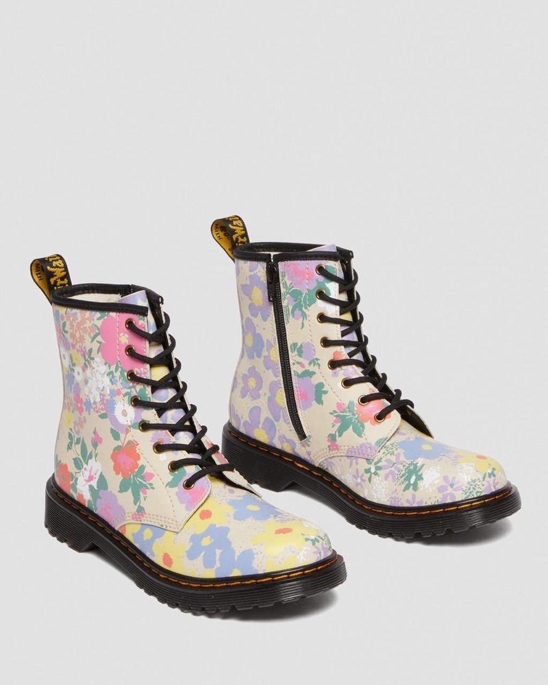 Parchment Beige Dr Martens Youth 1460 Floral Mash Up Leather Lace Up Boots (Floral Mash Up K Hydro) Boots | ER03-J3LY