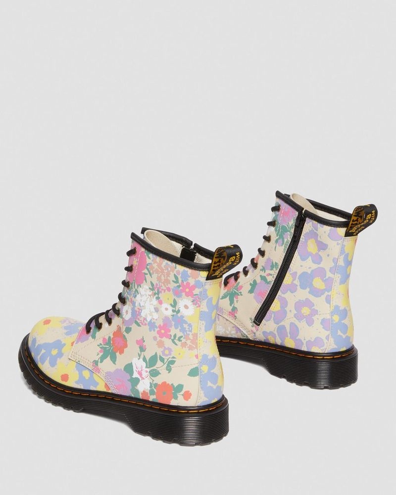 Parchment Beige Dr Martens Youth 1460 Floral Mash Up Leather Lace Up Boots (Floral Mash Up K Hydro) Boots | ER03-J3LY