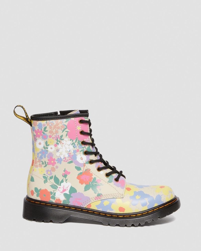 Parchment Beige Dr Martens Youth 1460 Floral Mash Up Leather Lace Up Boots (Floral Mash Up K Hydro) Boots | ER03-J3LY