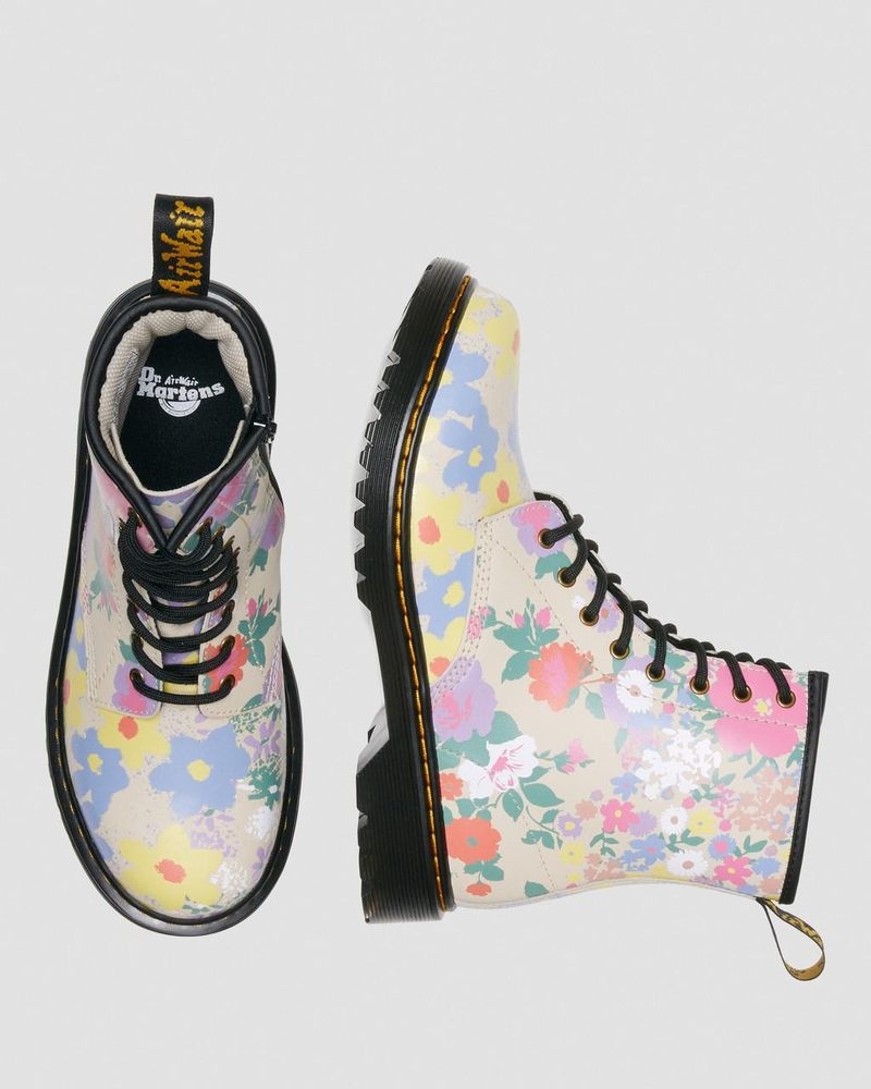 Parchment Beige Dr Martens Youth 1460 Floral Mash Up Leather Lace Up Boots (Floral Mash Up K Hydro) Boots | ER03-J3LY