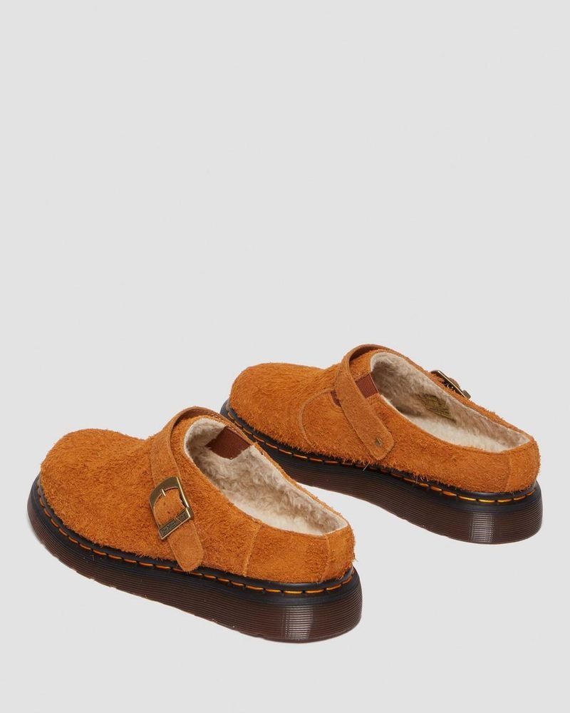 Pecan Brown Dr Martens Isham Faux Shearling Lined Suede Slingback Mules (Long Napped Suede) Sandals | MR09-K9XY