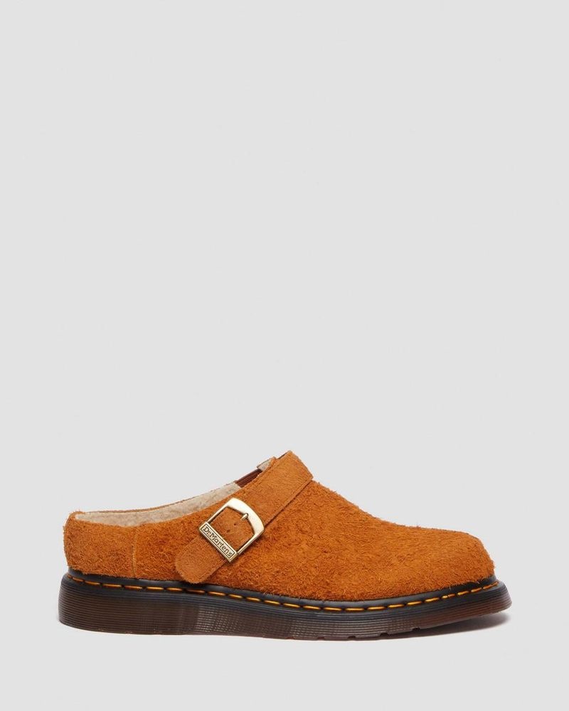 Pecan Brown Dr Martens Isham Faux Shearling Lined Suede Slingback Mules (Long Napped Suede) Sandals | MR09-K9XY