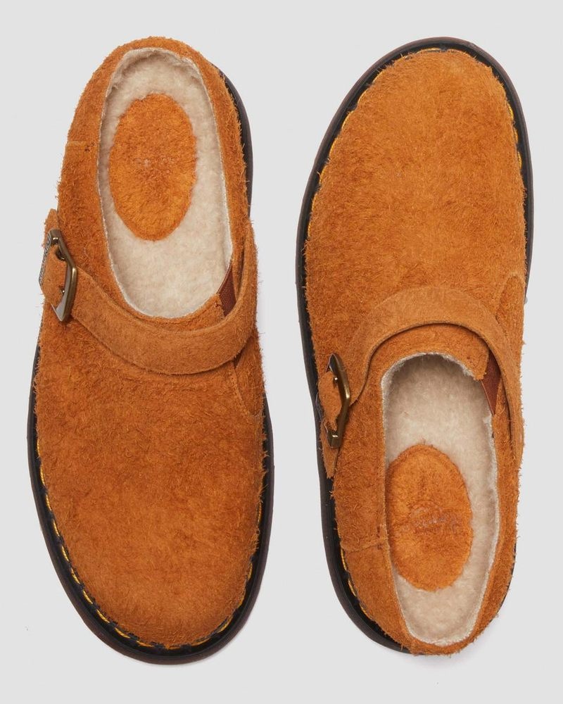 Pecan Brown Dr Martens Isham Faux Shearling Lined Suede Slingback Mules (Long Napped Suede) Sandals | MR09-K9XY