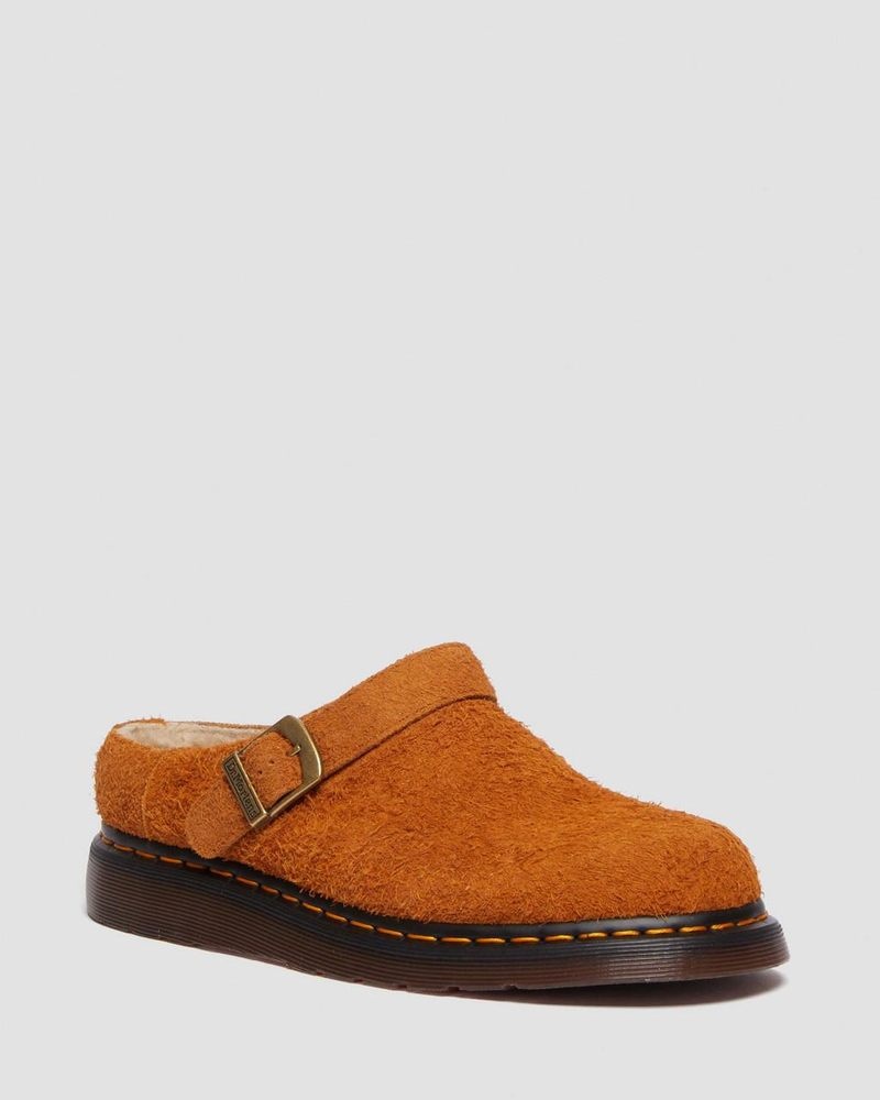 Pecan Brown Dr Martens Isham Faux Shearling Lined Suede Slingback Mules (Long Napped Suede) Sandals | MR09-K9XY