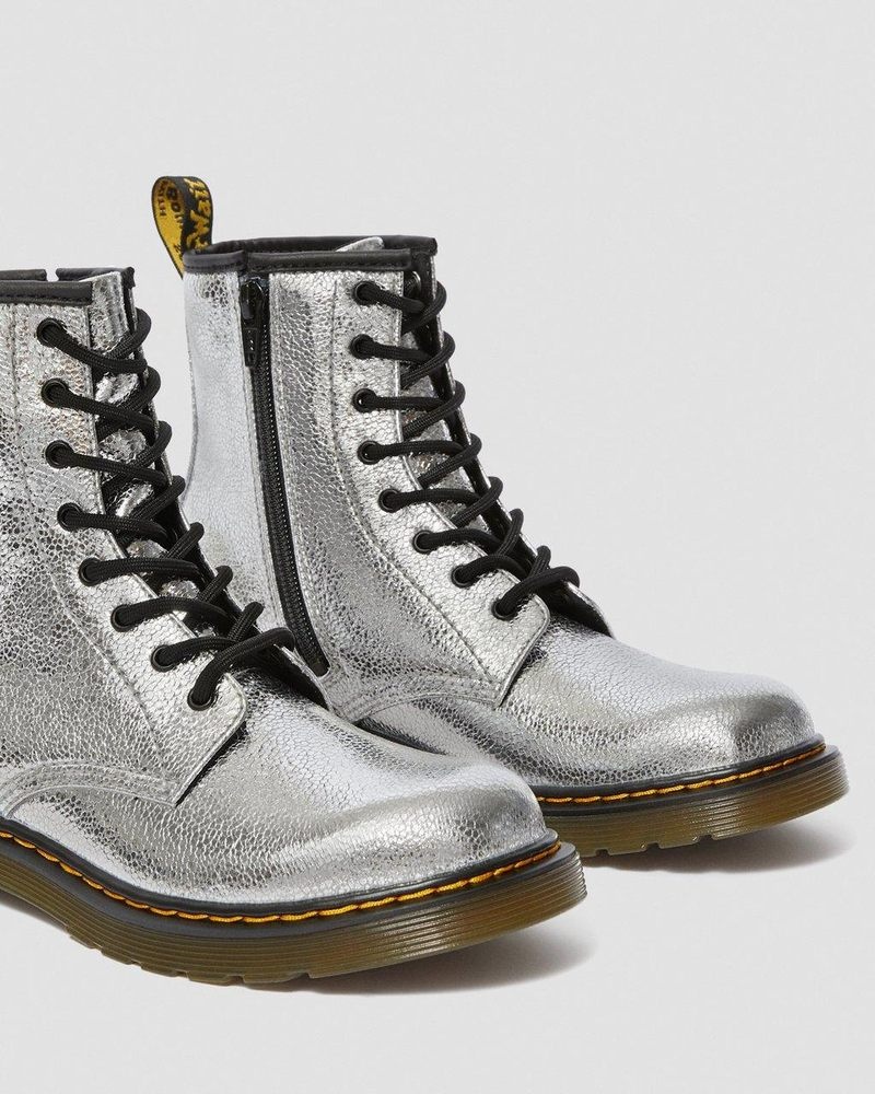 Silver Dr Martens Youth 1460 Crinkle Metallic Lace Up Boots (Disco Crinkle) Boots | GK77-K9MH