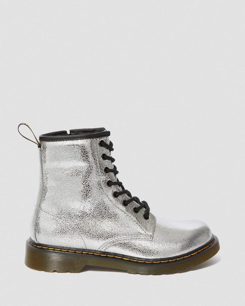 Silver Dr Martens Youth 1460 Crinkle Metallic Lace Up Boots (Disco Crinkle) Boots | GK77-K9MH