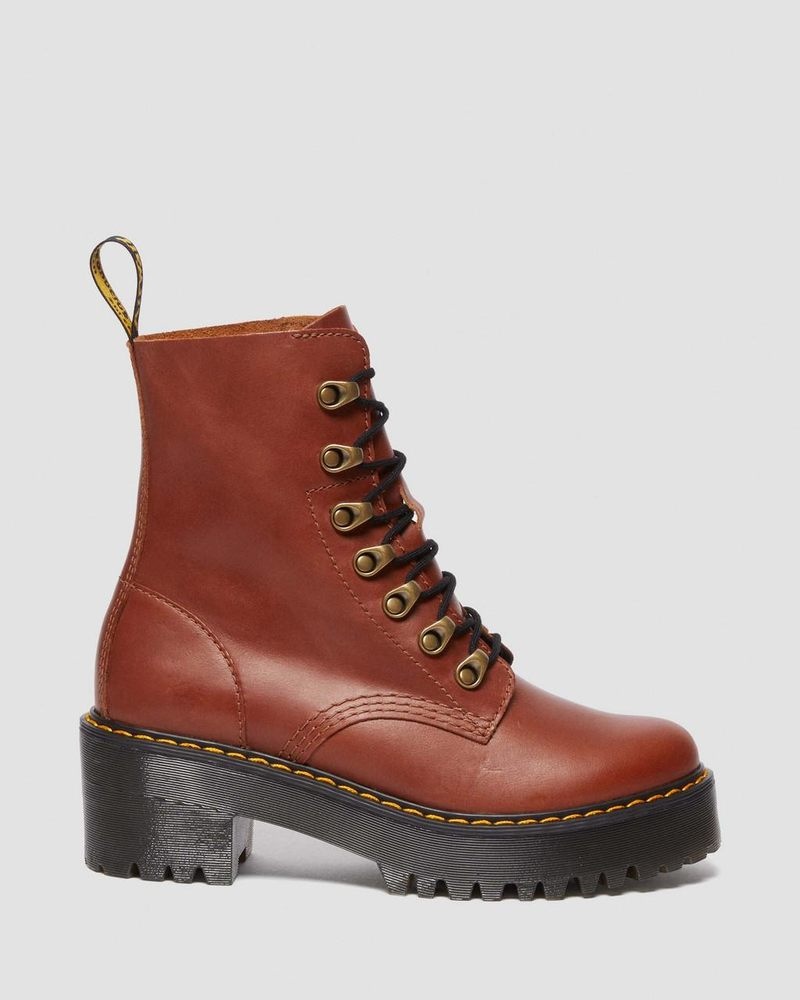 Tan Dr Martens Leona - Farrier Leather Heeled Boots (Farrier) Platforms Boots | IK35-Q9OS