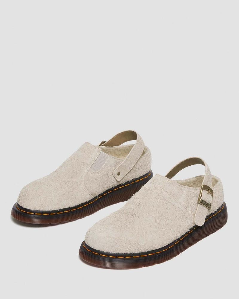 Vintage Taupe Dr Martens Isham Faux Shearling Lined Suede Slingback Mules (Long Napped Suede) Sandals | AC65-S3AZ