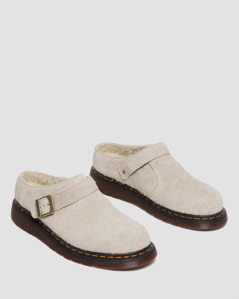 Vintage Taupe Dr Martens Isham Faux Shearling Lined Suede Slingback Mules (Long Napped Suede) Sandals | AC65-S3AZ