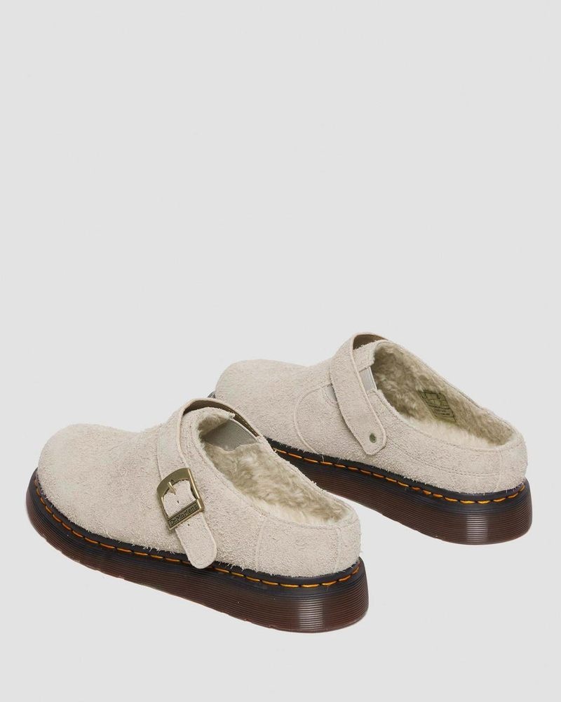 Vintage Taupe Dr Martens Isham Faux Shearling Lined Suede Slingback Mules (Long Napped Suede) Sandals | AC65-S3AZ